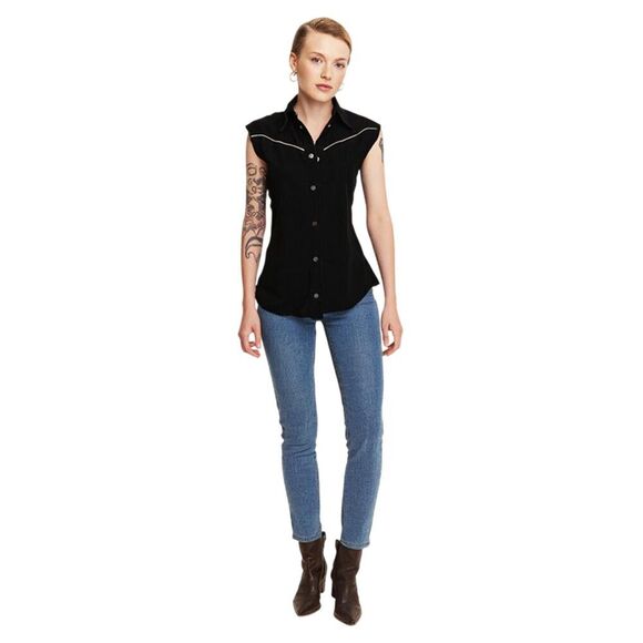 Black Rockabilly Western Pearl Snap Front Top With Ripped Off Sleeves Size M - Picture 1 of 11